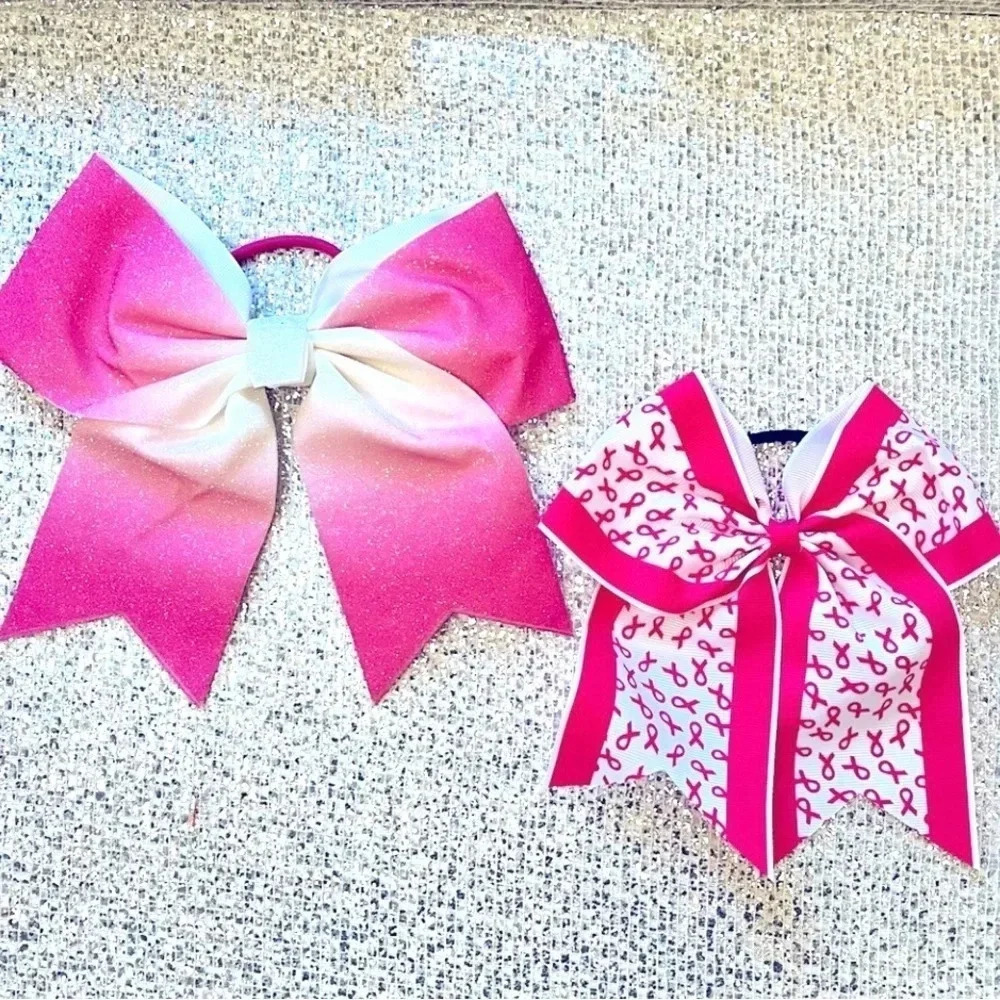 Cheer Bows Breast Cancer Awareness Pink White 2 Hair Bows Glitter‎ Sparkle